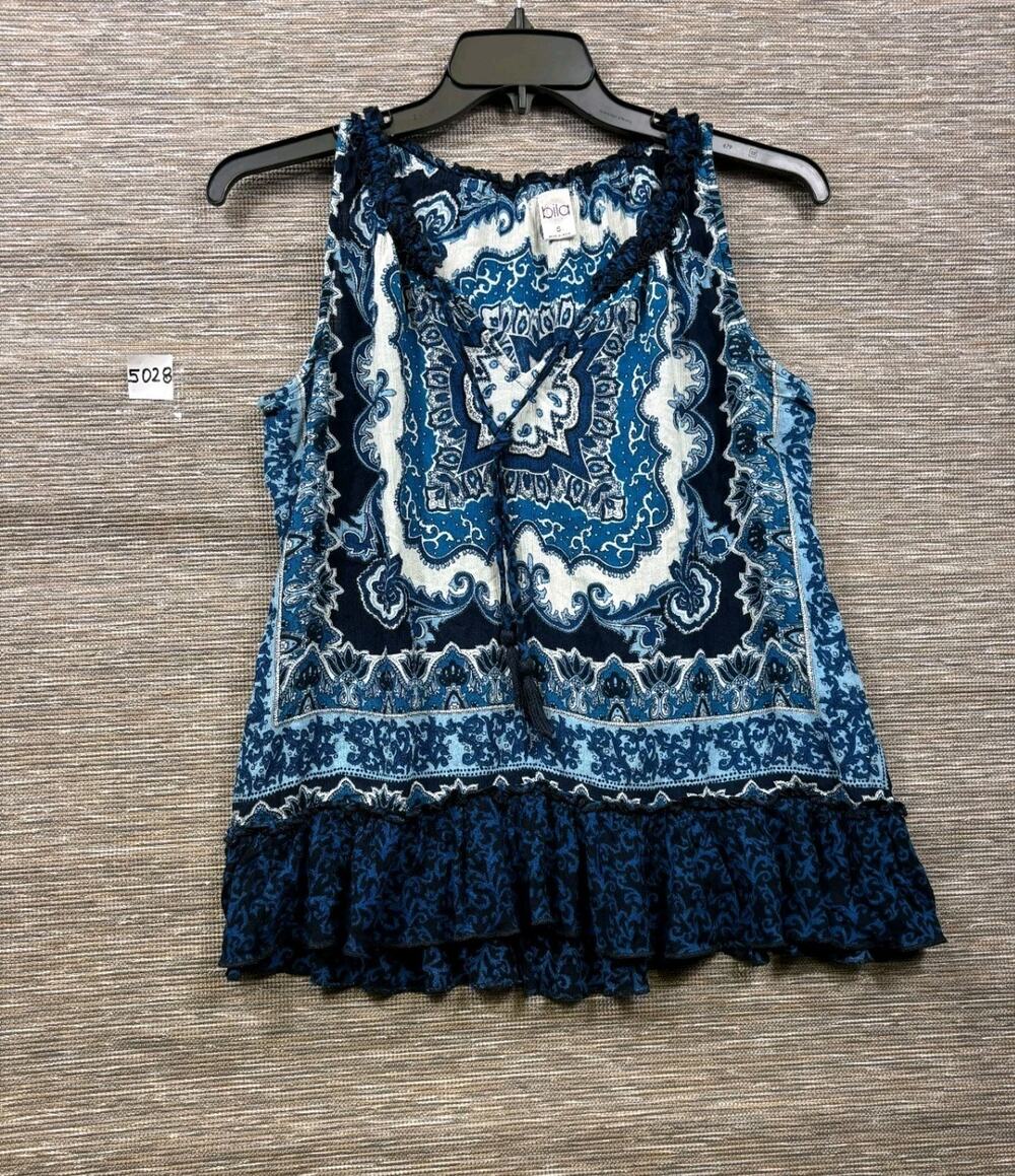 bila Paisley Ruffle Hem Top Womens Size S Blue Sleeveless Boho Oversized
